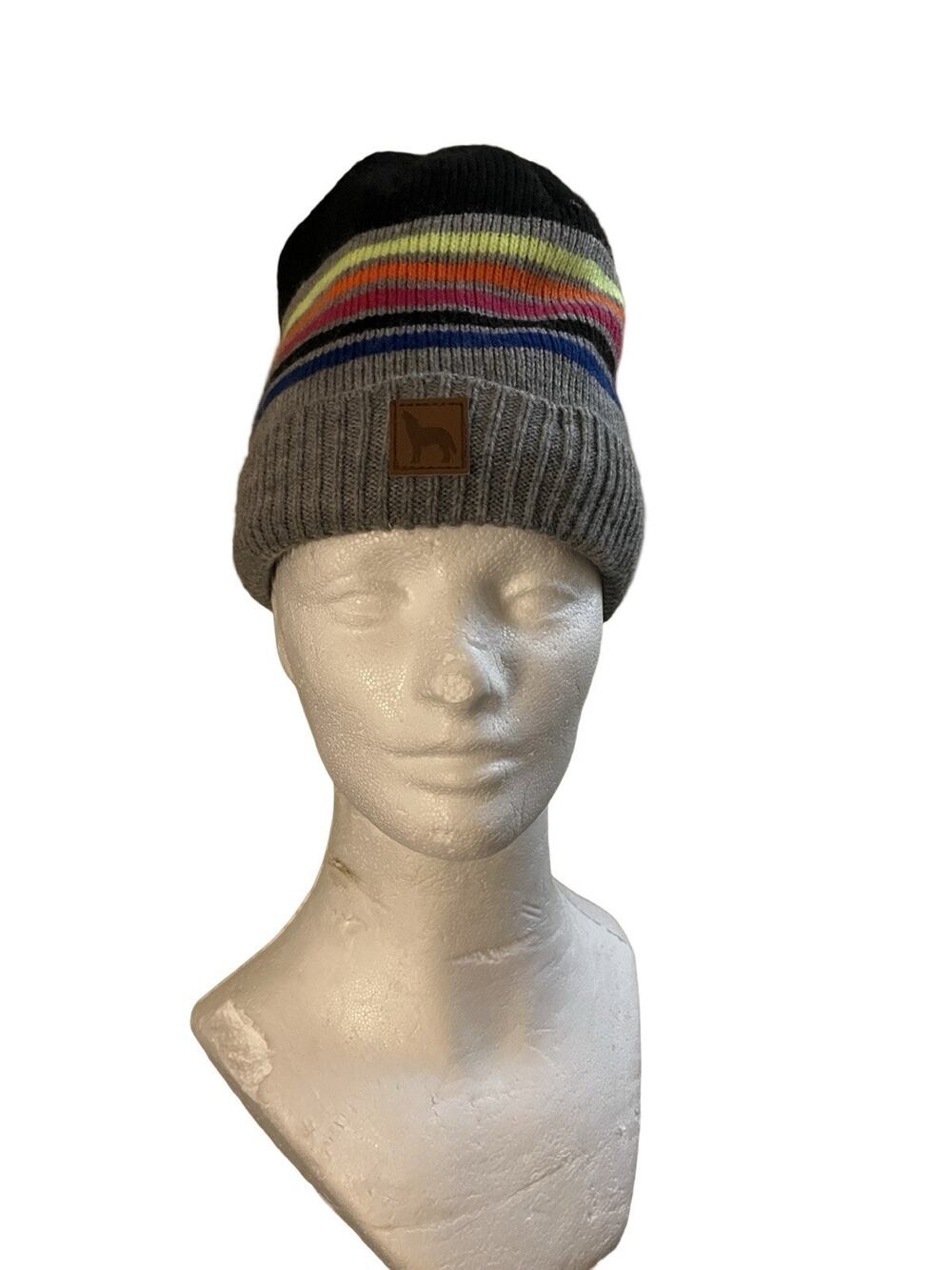 Wonder Nation Knit Beanie Hat Striped Rainbow Cuff Logo Patch Lined Gray Black